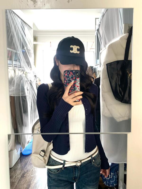 韩系藏青色开衫针织衫女春秋短款内搭叠穿吊带背心修身两件套上衣|undefined
