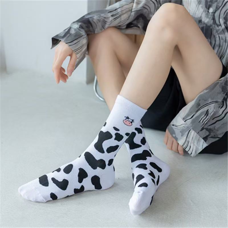 Women's Socks for Spring and Autumn, Mid-Calf Socks, Trendy Cow Print, Cute Japanese Style, Black and White Spotted Long Socks