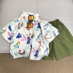 Korean-style new children's clothing Chinese children's shirt for boys and girls, collarless shirt, summer baby short-sleeved floral shirt.