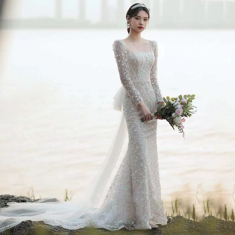 法式轻婚纱2025新款新娘气质简约连衣裙公主风鱼尾旅拍婚纱照礼服