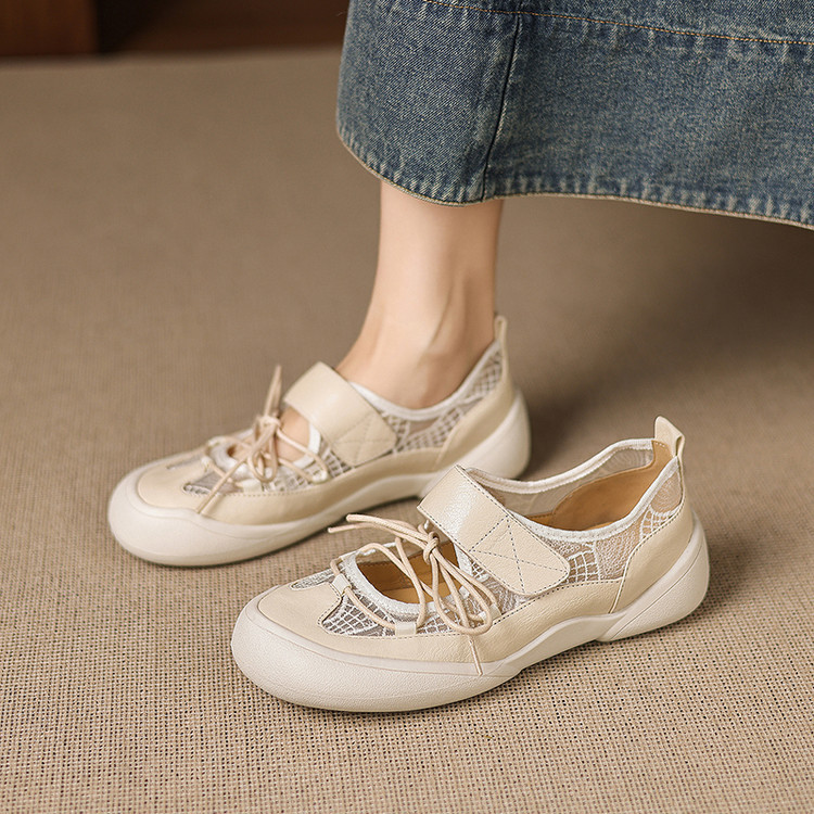 Giày sneaker nữ đế dày ren lưới phối màu cổ thấp — màu trắng ngà chi tiết 38