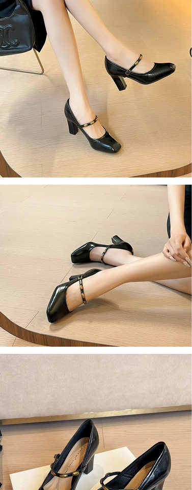 Giày cao gót nữ mũi vuông gót dày quai ngang thanh lịch đi làm, gót 6–8 cm — Màu trắng nhạt, rượu vang đỏ, đen chi tiết 13
