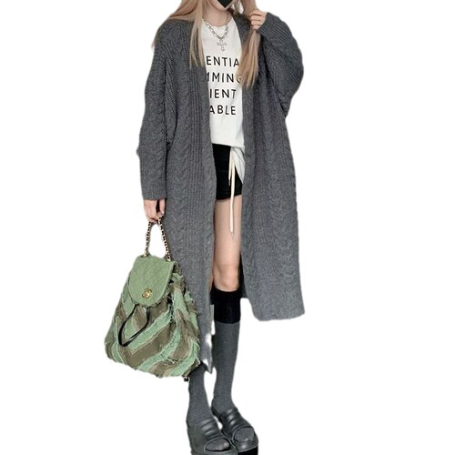 Retro lazy style versatile knitted hemp pattern autumn and winter loose, thick and warm long cardigan sweater jacket for women
