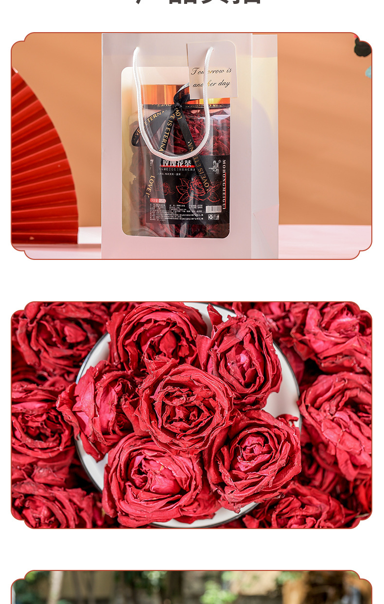 Yunnan First Harvest Freeze Dried Dark Red Rose Tea Double Petal Rose Buds Loose Flower Tea 50g in use