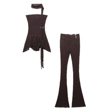 PB&ZA夏季新款女装欧美风围巾饰蕾丝上衣+喇叭裤时尚套装6050325