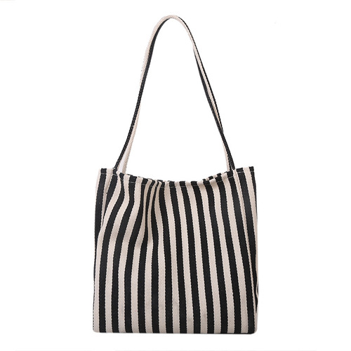Korean retro literary handbag, simple, fresh, striped shoulder bag, casual, fashionable, large-capacity shopping bag