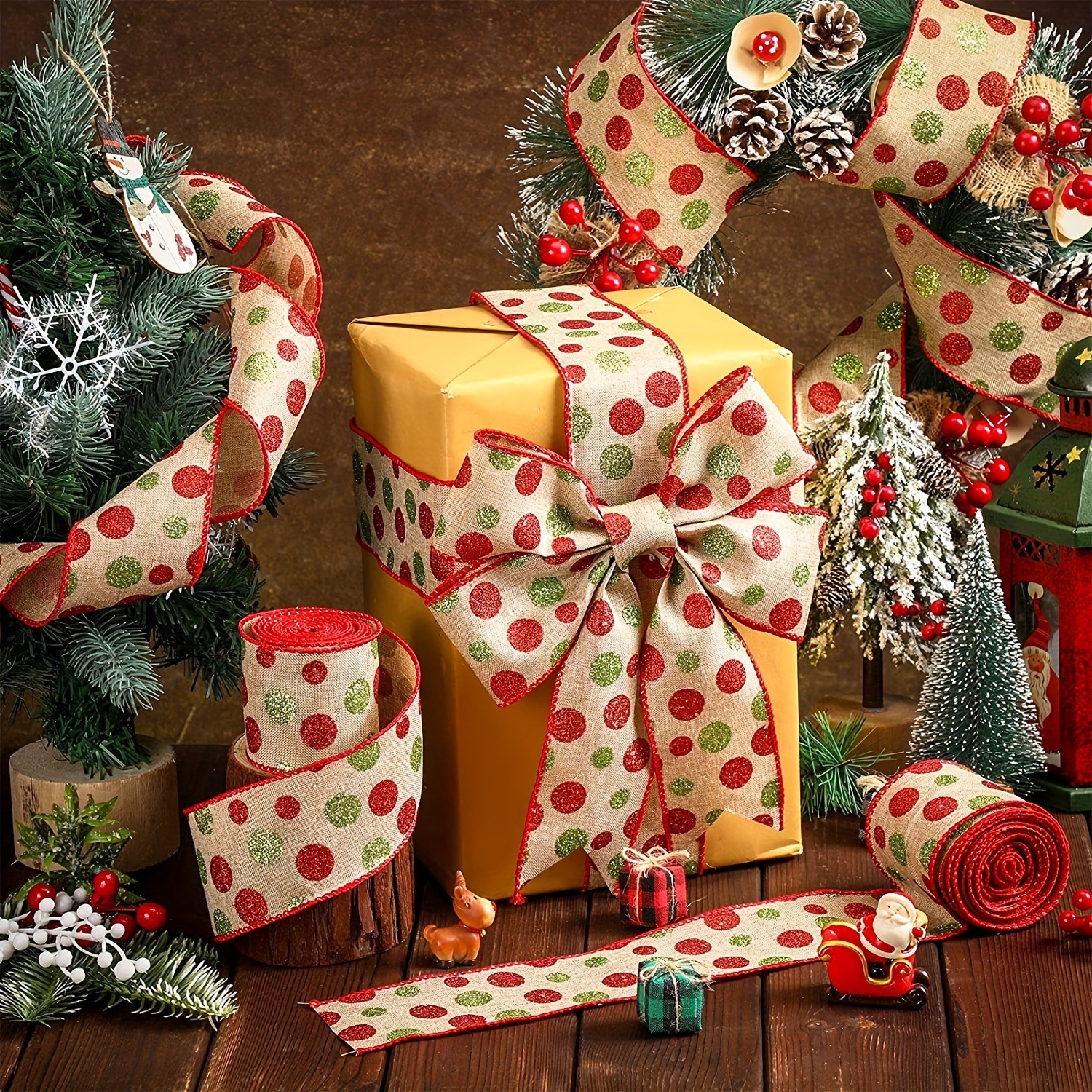 Fita de bolinhas de Natal DIY Embalagem artesanal Laço Fita de presente Decoração de Natal Suprimentos_voghion.com