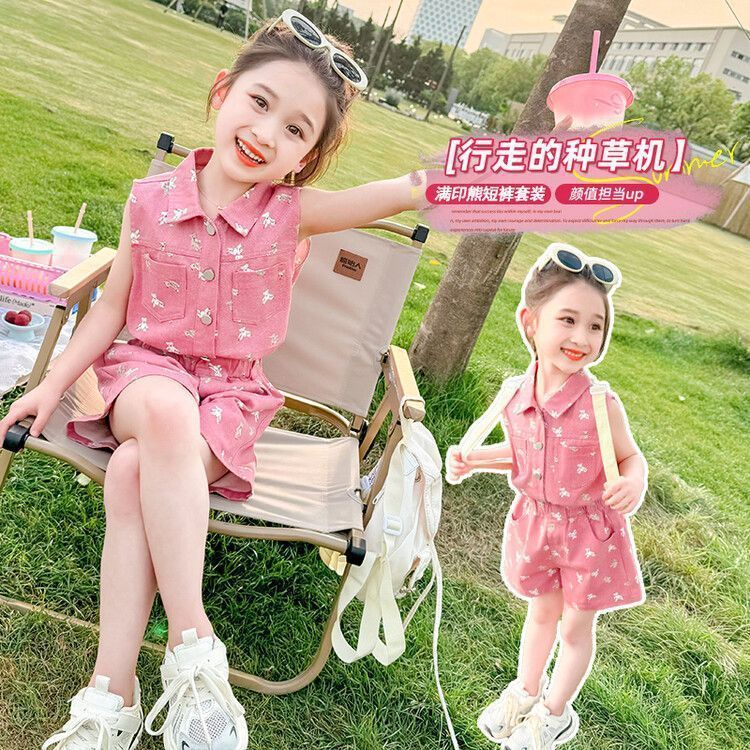 女の子スーツ夏 2025 新しいスタイルの小さな女の子ファッショナブルで超かわいい夏服韓国スタイルのルーズノースリーブスポーツ 2 点セット|undefined