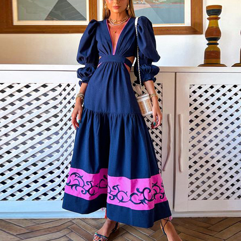 Women's A-line Skirt Fashion V Neck Printing Long Sleeve Printing Color Block Maxi Long Dress Daily display picture 2