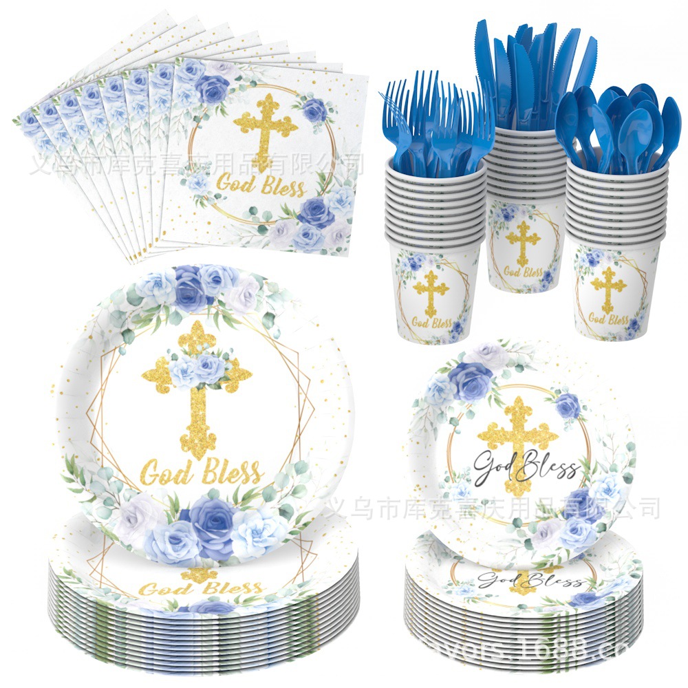 Bautismo azul bandeja de papel cubiertos Dios bendiga bebés eucaristía bandeja de papel desechable taza de papel set decoración de fiesta