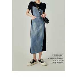 2026夏季新款韩版时尚气质百搭显瘦牛仔拼接背带裙女中长款连衣