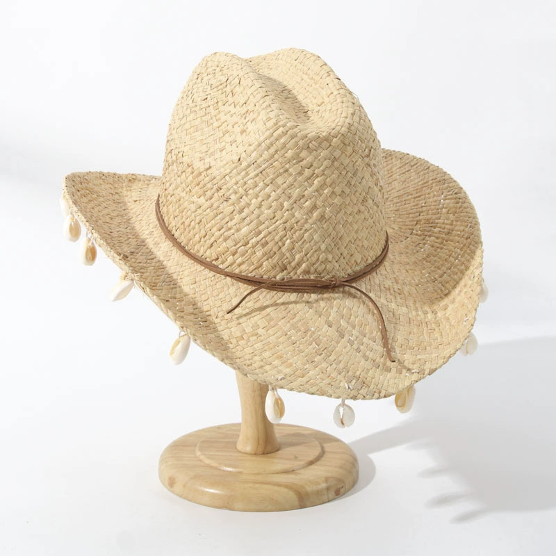 [贝壳装饰沙滩帽夏季海边拉菲草手工编遮阳草帽西式牛仔ridge hat]