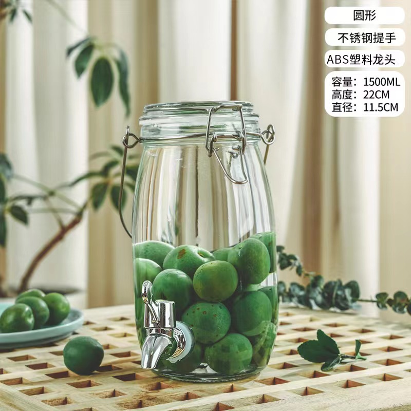 Botella de vidrio de remojo de licor, botella de remojo de licor de ciruela verde, botella de cerveza, botella de cierre de vidrio con mango de grifo