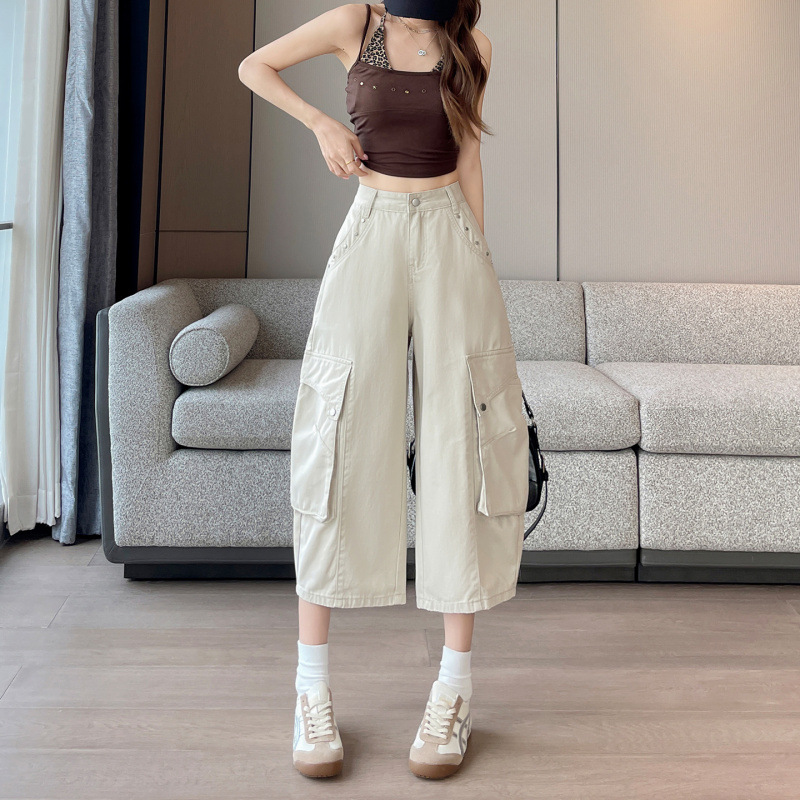 Blanco arroz de trabajo viento de bolsillo pantalones de piernas anchas para mujeres 2026 verano delgado pantalones de cuchillo en forma de pera pantalones