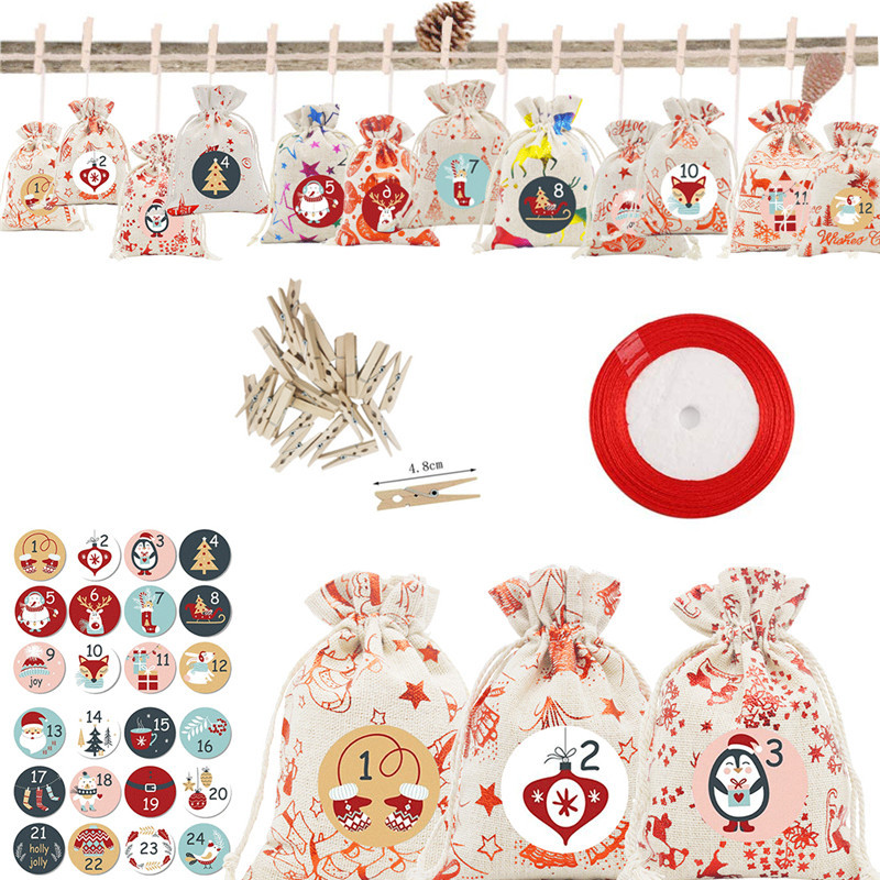 降临日历圣诞棉布礼品袋 棉麻礼品袋套装 24倒计时圣诞礼品束口袋