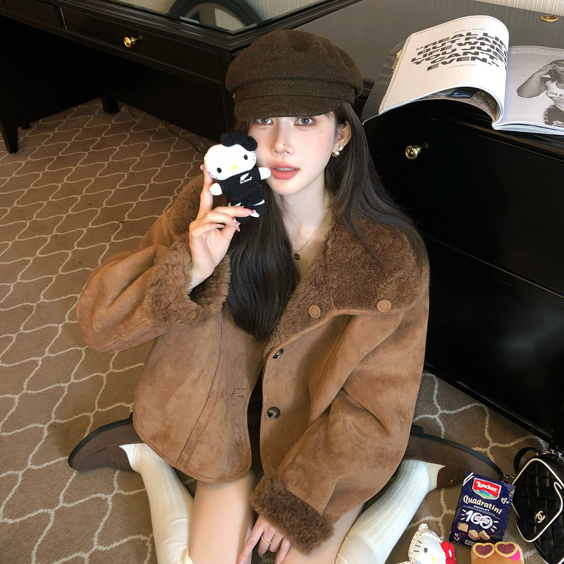 50Erzhi "Tea Break Girl" Reversible~Large Lapel All-Wool Australian Lamb Fur Short Coat