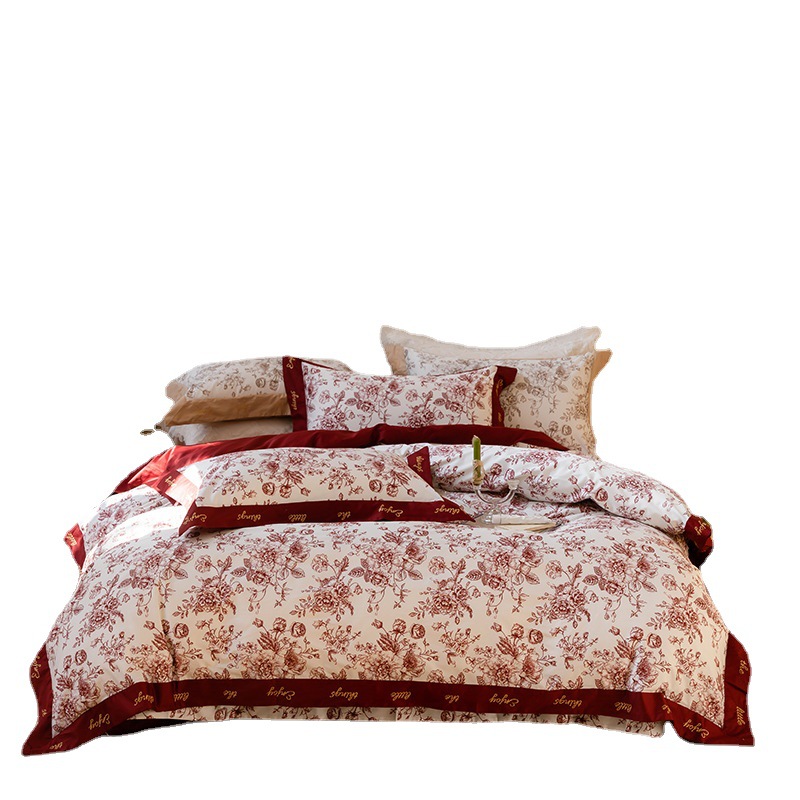 Nordic French Vintage Boho French Vintage Style 100-count Long-staple Cotton Four-piece Bedding Set, All-cotton, Pure Cotton, Printed,_voghion.com