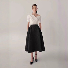 赵露思明星同款轻职风气质通勤斜肩上衣＋高腰半身长裙撞色套装夏