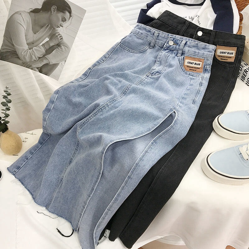 Internet Celebrity Side Split Denim Midi Dress Women's 2021 Summer New Student ins Slimming High Waist A- Line Hip Skirt