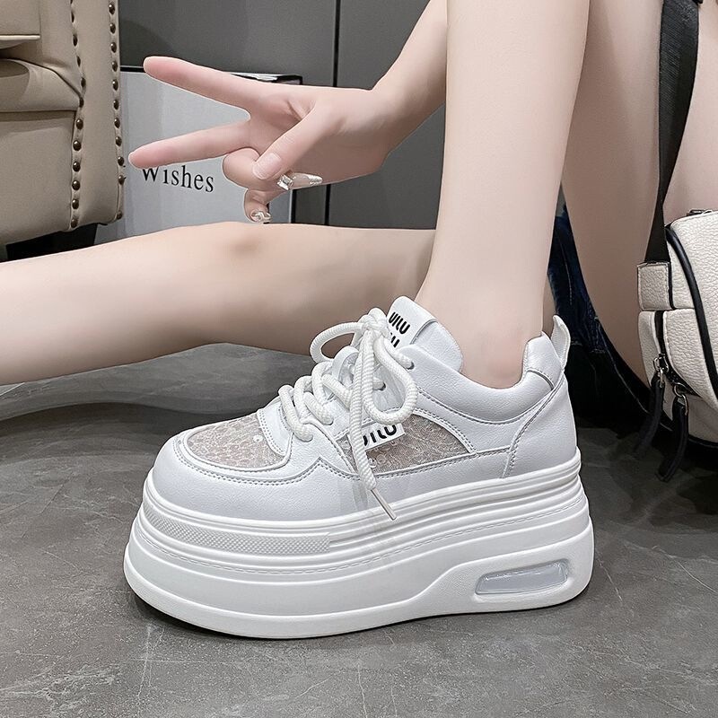 Women's Summer Thin White Sneakers with Sequins and Lace, 8cm Thick-Soled Height-Increasing Platform Casual Sports Shoes Women's Summer Thin White Sneakers with Sequins and Lace, 8cm Thick-Soled Height-Increasing Platform Casual Sports Shoes
