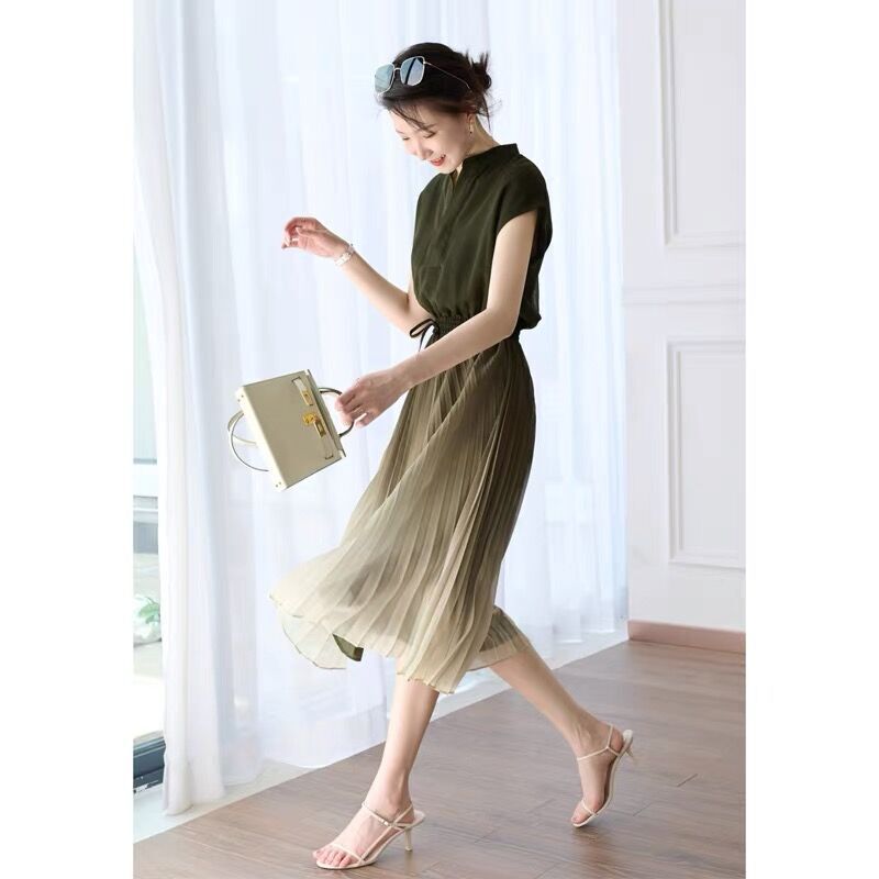 Cross-Border Amazon 2022 New French Design Niche Women's Clothing High-End Tea Break Skirt Waist Long Skirt Pleated Cross-Border Amazon 2022 New French Design Niche Women's Clothing High-End Tea Break Skirt Waist Long Skirt Pleated