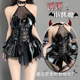 夜如梦情趣小恶魔性感亮面PU挂脖绑带透短裙套装魅魔COS制服2449