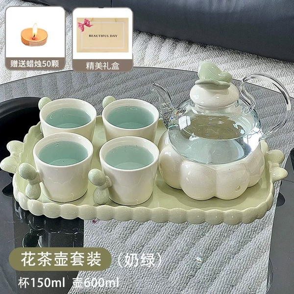 Gift box [free 50 candles] milk green 4 cups 1 pot holder 1 ceramic tray