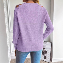 跨境欧美秋冬毛衣女装亚马逊镂空布条拼接长袖针织衫圆领套头上衣