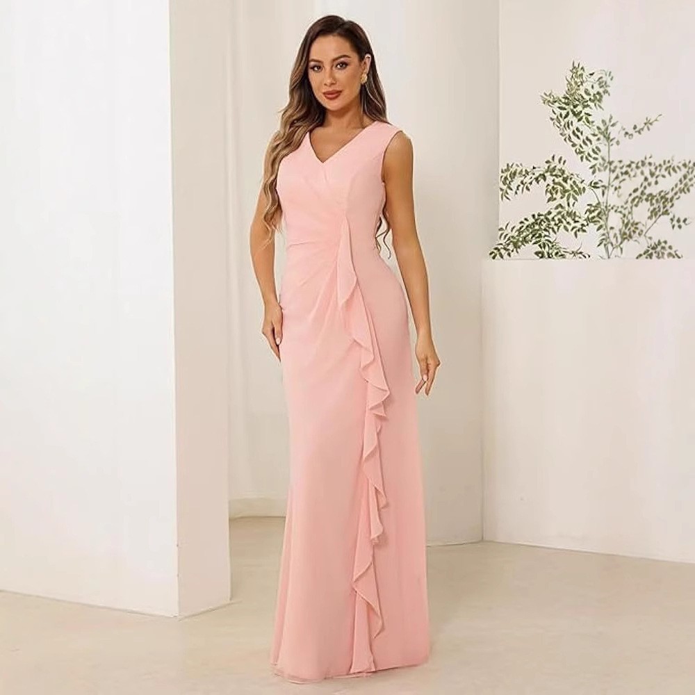 Europa y América Amazon novia madre vestido de boda talla grande gasa con cuello en V novio madre vestido de fiesta