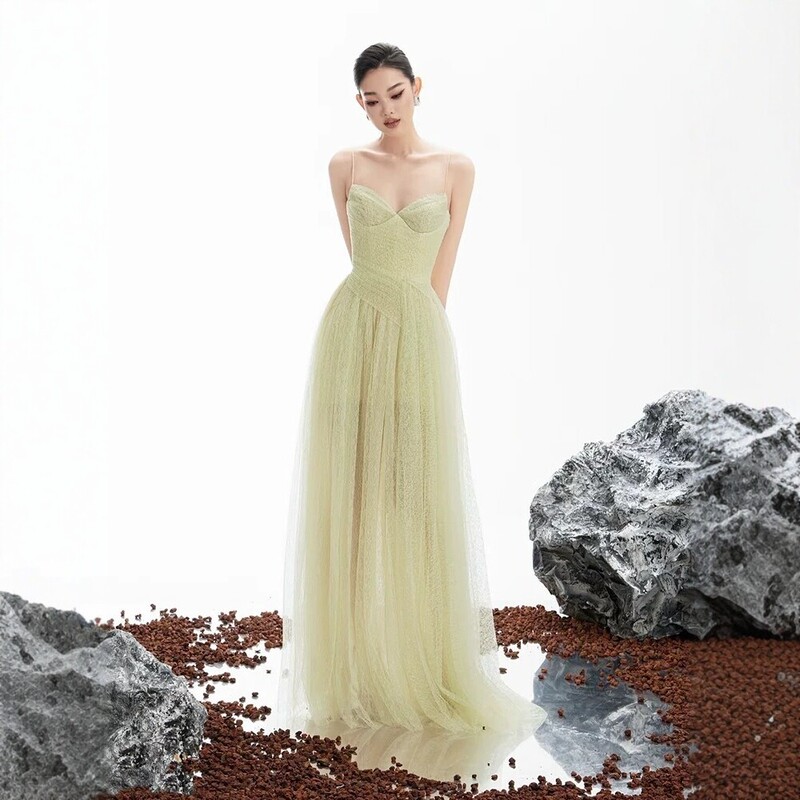 French-Style Light Luxury Textured Mesh Strap Dress for Women, High-End Elegant Socialite Birthday Party Gown Long Dress French-Style Light Luxury Textured Mesh Strap Dress for Women, High-End Elegant Socialite Birthday Party Gown Long Dress