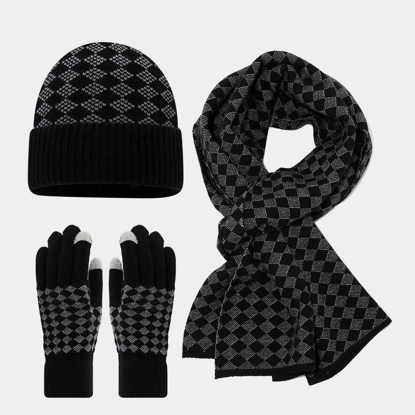 Otoño y invierno guantes de pantalla táctil caliente sombrero bufandas de tres piezas con cuadrícula de diamante antifría extranjera con set de punto caliente