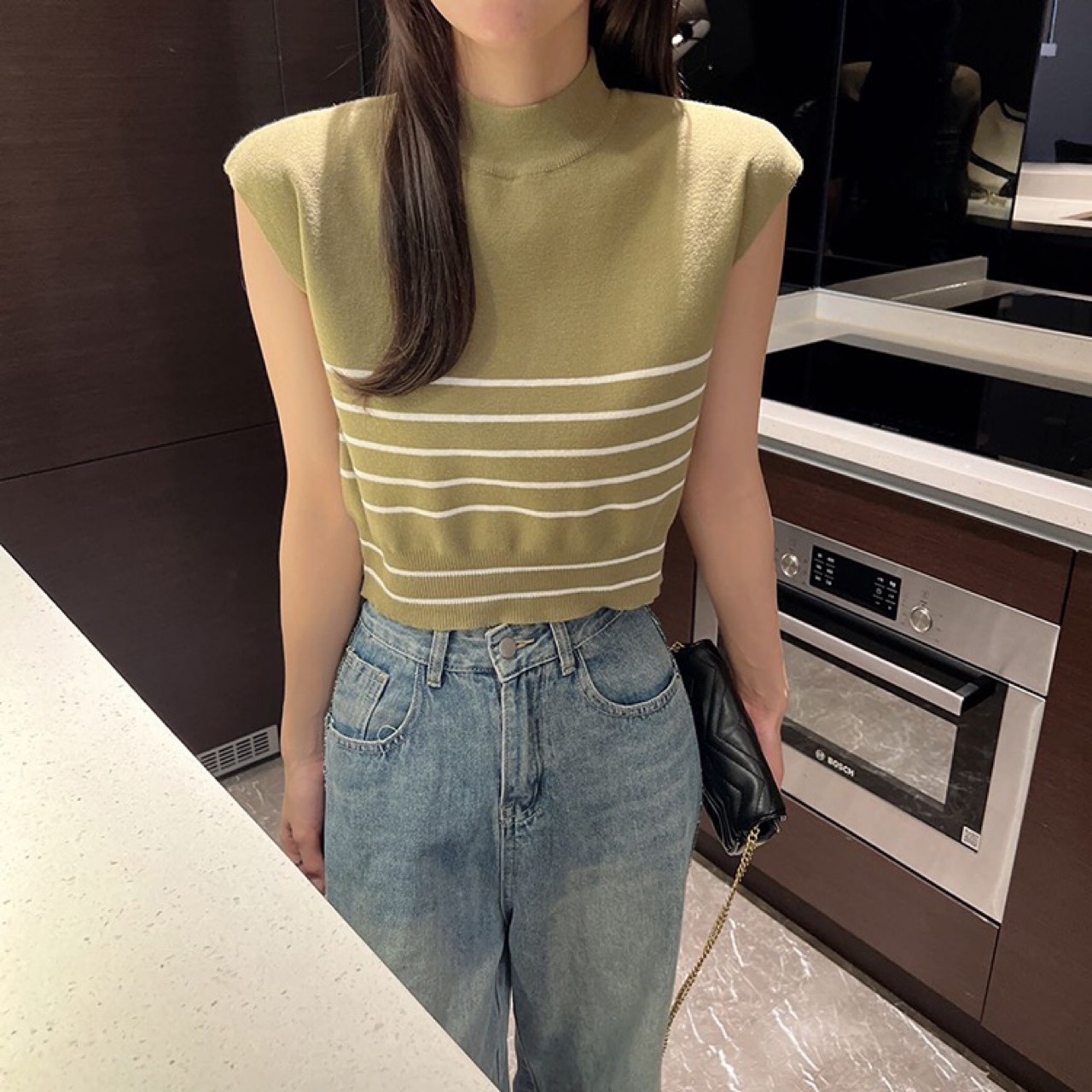 Striped Half Turtleneck Sleeveless Short Top Autumn and Winter Inner Layering Shirt Knitted Small Camisole Women's Outer Sweater