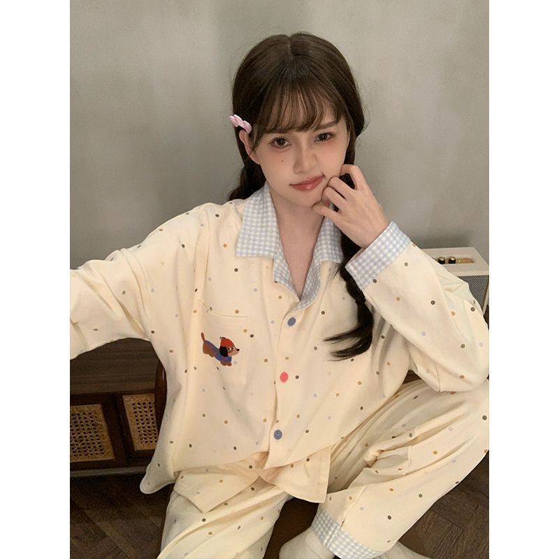 日系卡通睡衣女春秋季新款棉绸波点腊肠狗长袖大码网红家居服套装|undefined