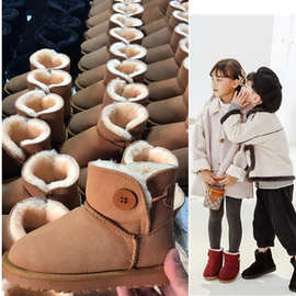 跨境货源3352真牛皮纽扣儿童雪地靴厂家批发冬季新款童鞋一件代发