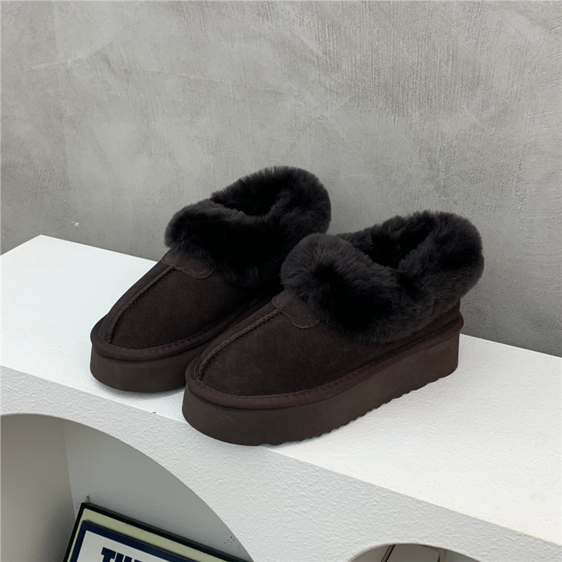 Genuine leather brown thick-soled snow boots for women, 2026 new winter mid-calf short boots, furry slippers, plush cotton shoes