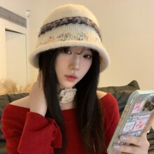 秋冬季彩色糖豆卷边针织盆帽女保暖护耳毛线帽子民族风提花渔夫帽