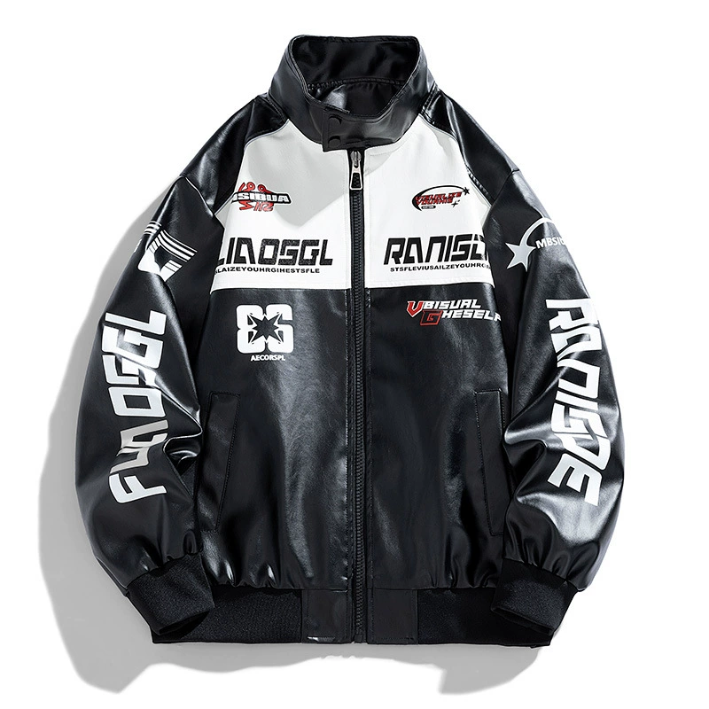 Jacket, polyurethane racing-style student jacket, new collection, black/white, sizes M–3XL
