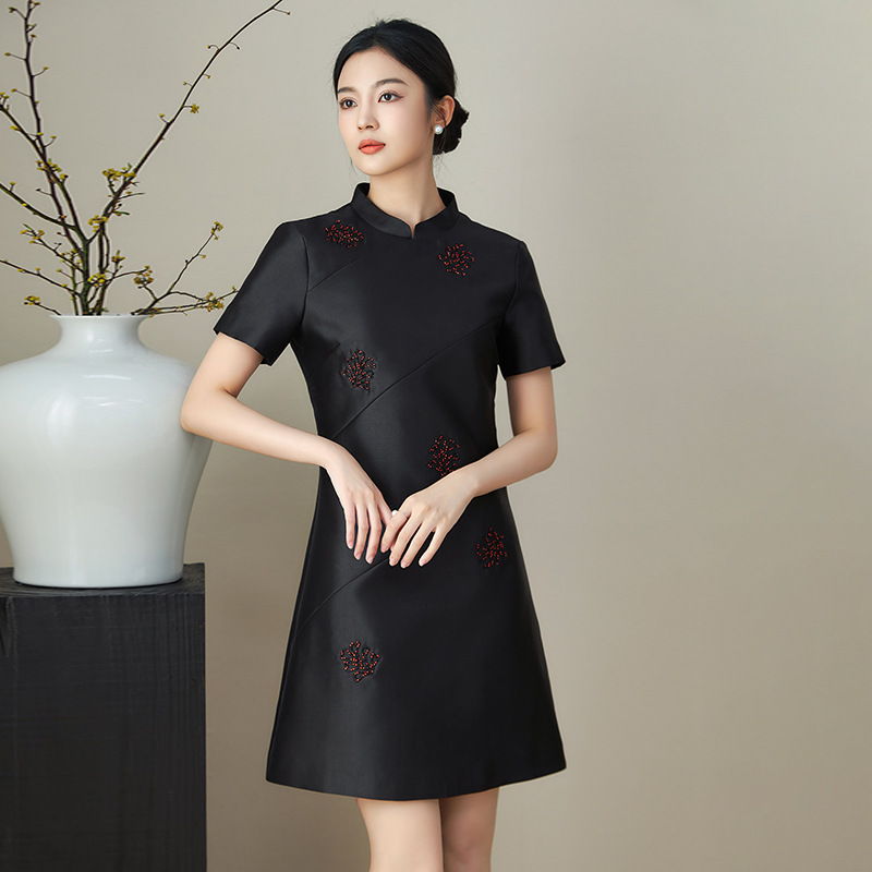 Đầm suông nữ midi mùa hè tay ngắn — 2411407 - Da đen chi tiết 8