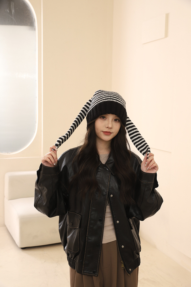 Corée du Sud Chine-Chic Marque Mignon Oreille De Lapin Tricoté Rayé Pull Laine Enfants y2k Shopping Mode Chaud Froid Chapeau_voghion.com