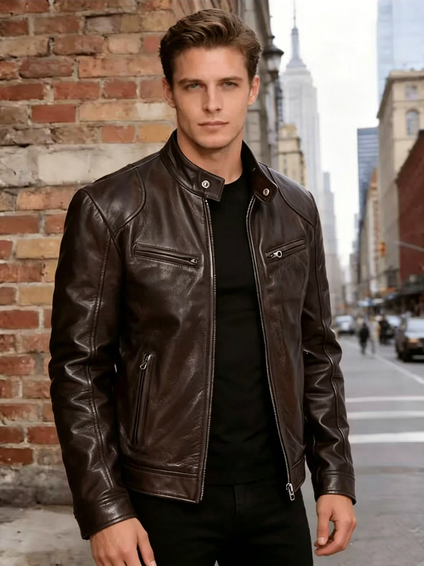 Men's Slim Fit Stand Collar PU Leather Motorcycle Jacket Trendy Short Outerwear Casual Fashion For Autumn Winter_viptrois.com