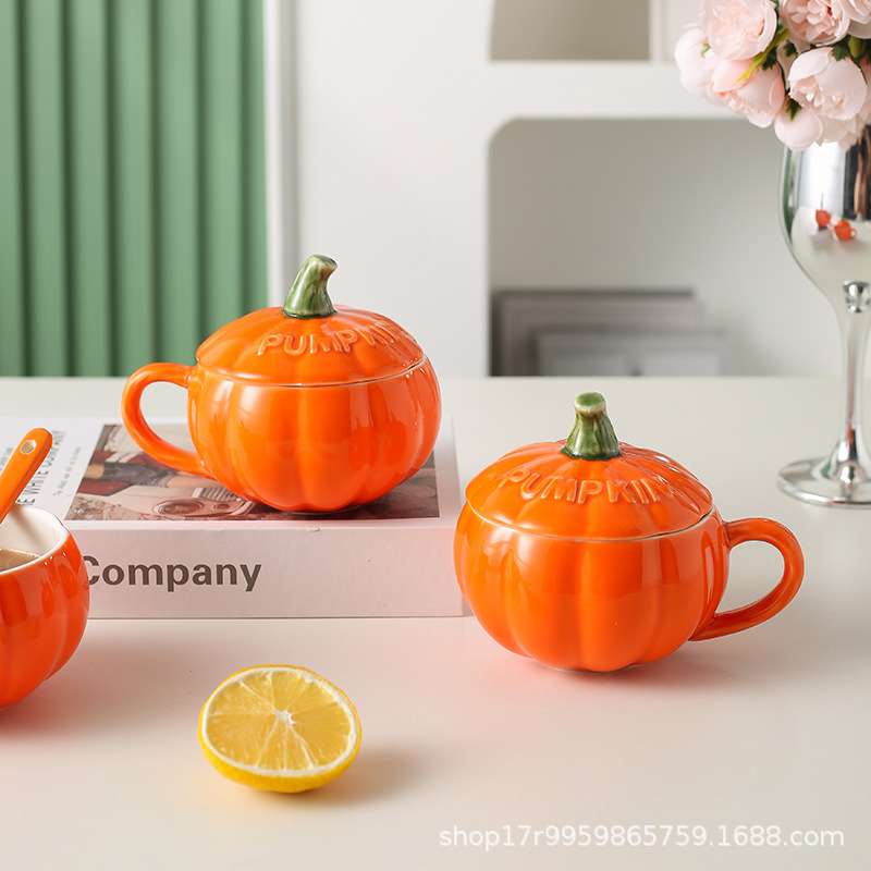 Taza de Cerámica Calabaza con Tapa y Cuchara, para Desayuno y Leche