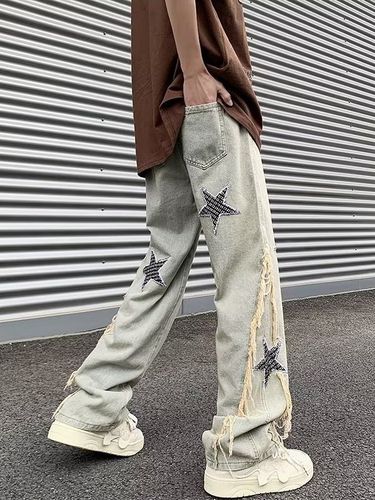 Designer American Retro Star Straight Leg Denim Jeans for Plus Size Women with Embroidery and Drawstring, Trendy and Instagram Style