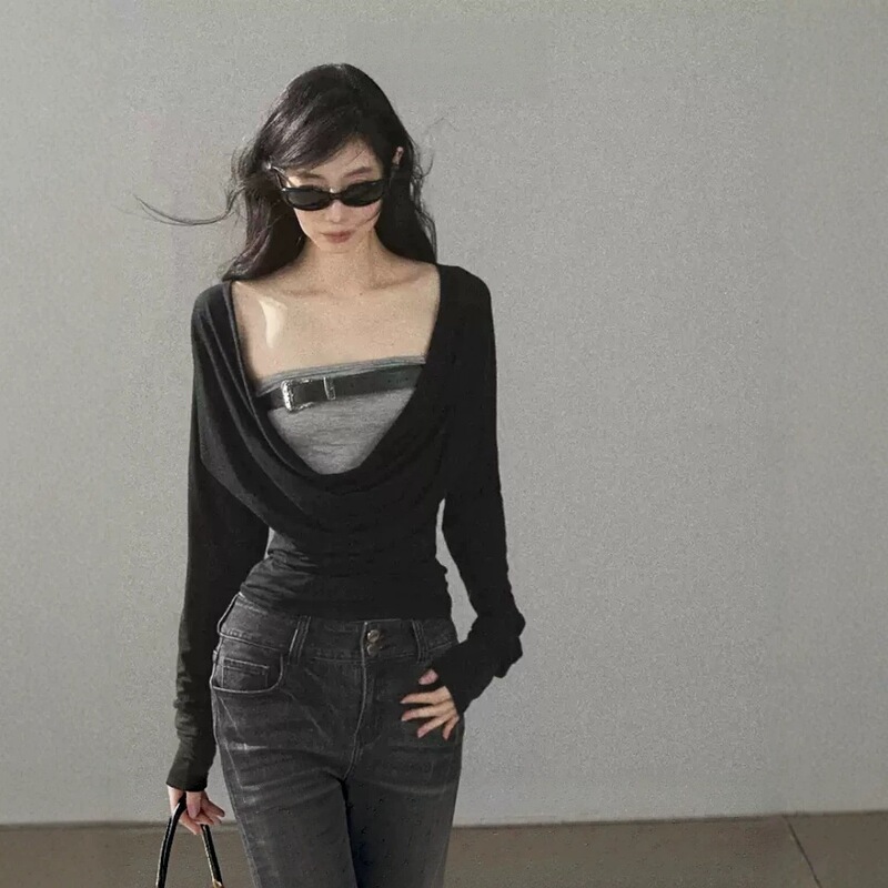 The misty, dark shore" stylish and cool two-piece mock-neck T-shirt for women, autumn high-end short top 2521 The misty, dark shore" stylish and cool two-piece mock-neck T-shirt for women, autumn high-end short top 2521