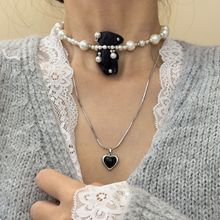 黑色小熊颈链大小珍珠不规则串珠毛衣链毛绒吊坠项链锁骨链女配饰