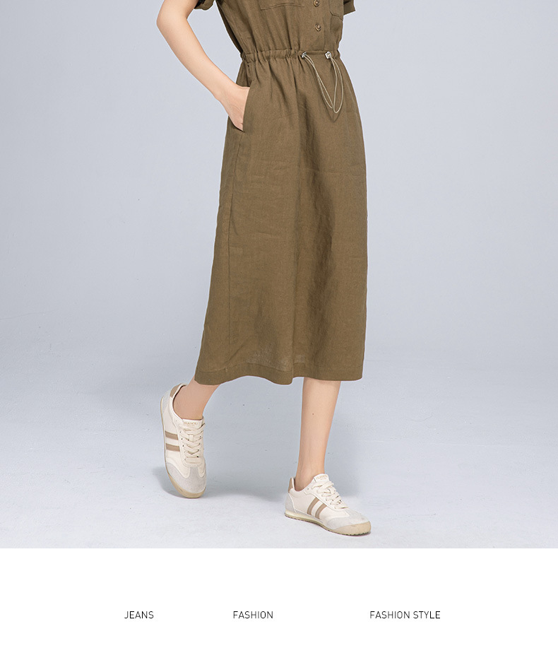 Đầm maxi nữ linen dáng rộng eo rút dây, thiết kế cắt may 3D — màu ô liu xanh chi tiết 24