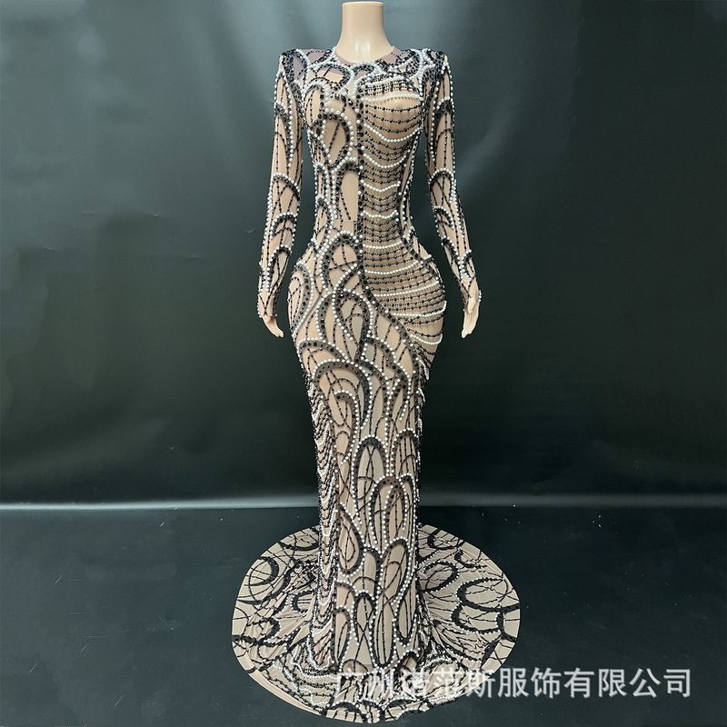 Original New Black Crescent-Shaped Sexy Trailing Mesh Long Skirt Party Red Carpet Singer Host Cocktail Dress