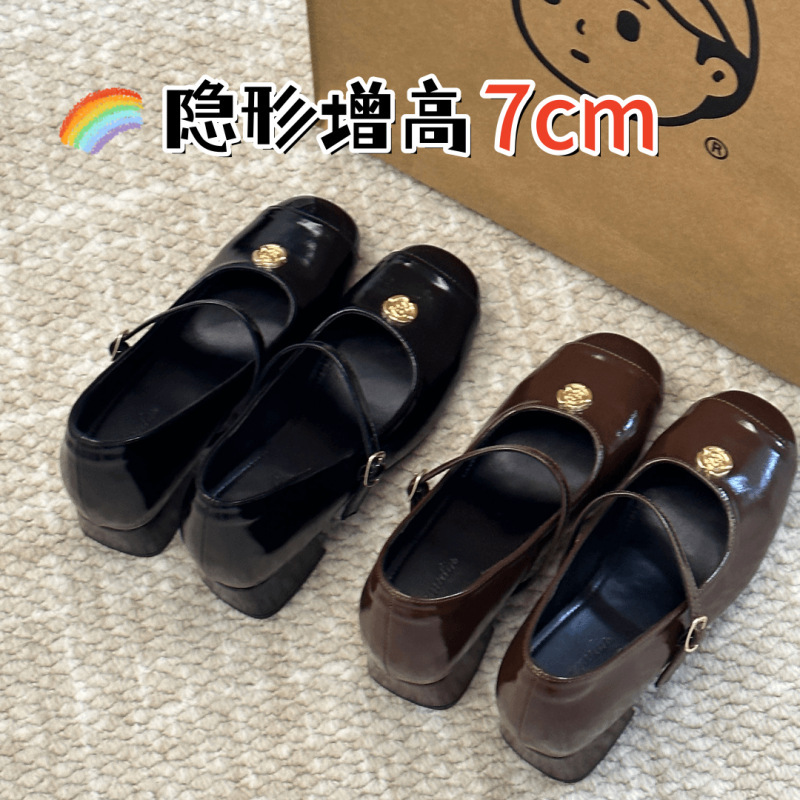 法式内增高7cm玛丽珍单鞋复古山茶花女鞋晚晚风鞋一字扣粗跟单鞋|undefined