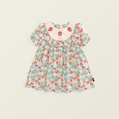 草莓刺繡荷葉邊女童連衣裙2024 夏新款水果印花兒童短袖娃娃跨境