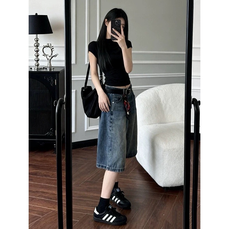 American Retro Denim Mid-Length Shorts for Women, Summer 2026 New Style, Loose Fit, Slimming, Casual, Relaxed Wide-Leg Pants