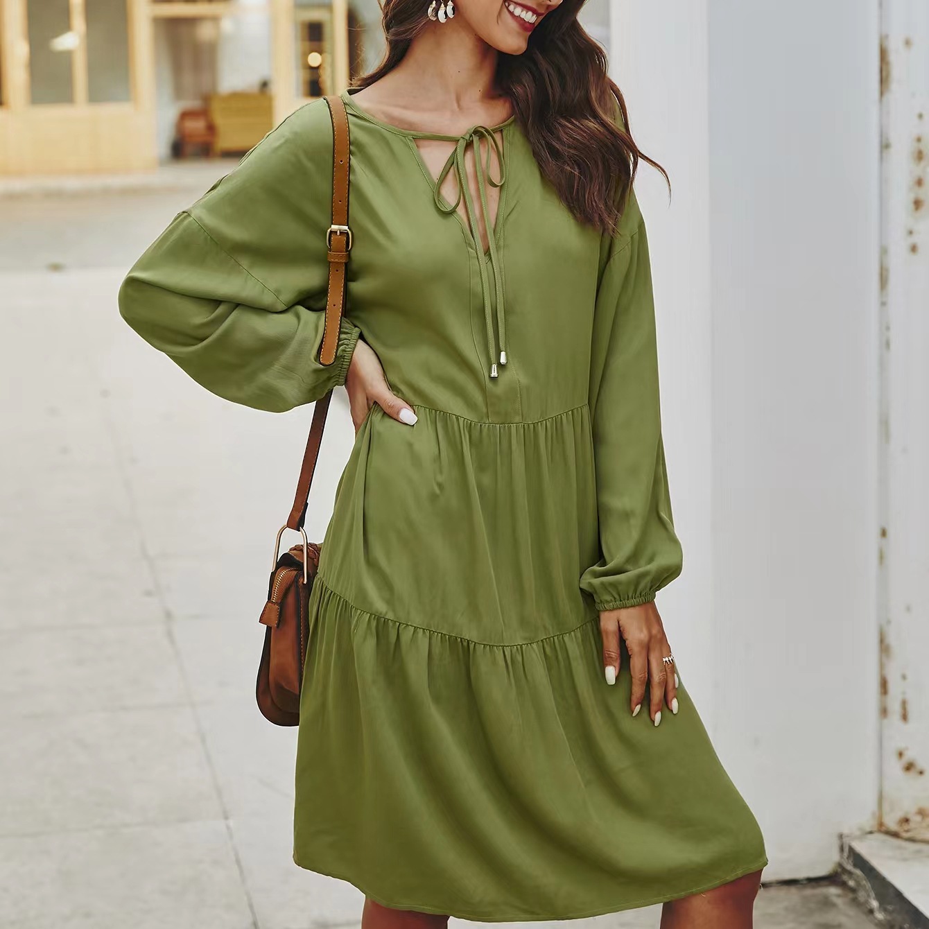 Women's Loose Fit V-Neck Long-Sleeve Midi Solid Color High Waist Dress